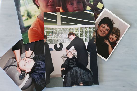 A collection of photos mostly showing children at hair salons, sitting with hairstylists, and getting their hair washed in sinks.