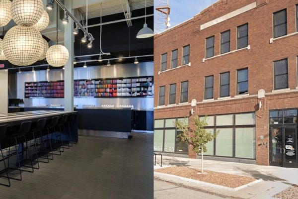 Split image showing a modern, minimalist hair salon interior with globe lights and a bar area on the left, and a brick commercial building exterior on the right.